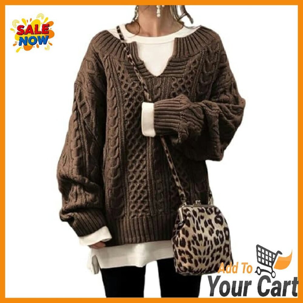 Women's Chunky Cable Knit V-Neck Pullover Sweater Loose Fit - Picture 2 of 2
